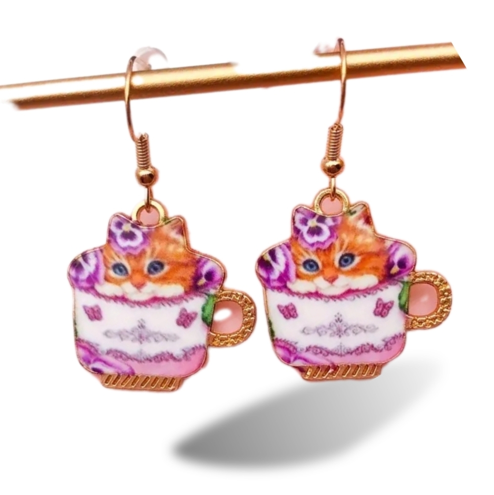 Cat in Cup Earrings